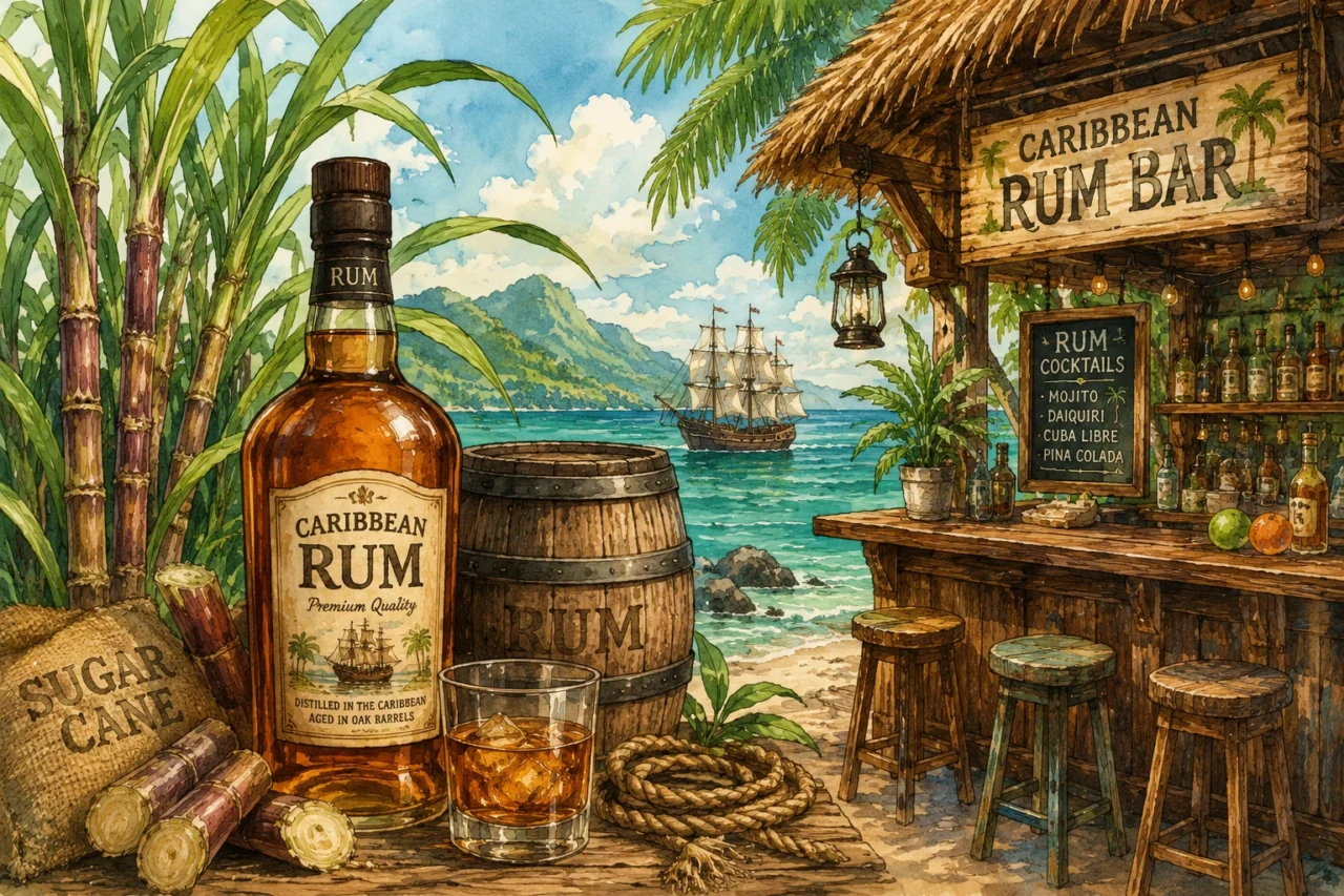 加勒比海蘭姆酒酒吧與甘蔗田插畫,展示Rum的起源與熱帶風格