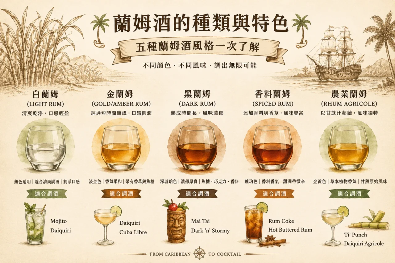 五種蘭姆酒種類比較圖,包含白蘭姆、金蘭姆、黑蘭姆、香料蘭姆與農業蘭姆風味介紹