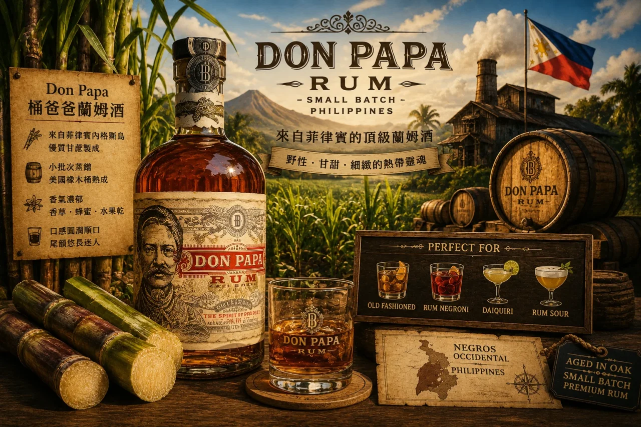 Don Papa桶爸爸蘭姆酒與菲律賓甘蔗田插畫,展示橡木桶熟成蘭姆酒製程與熱帶風味特色