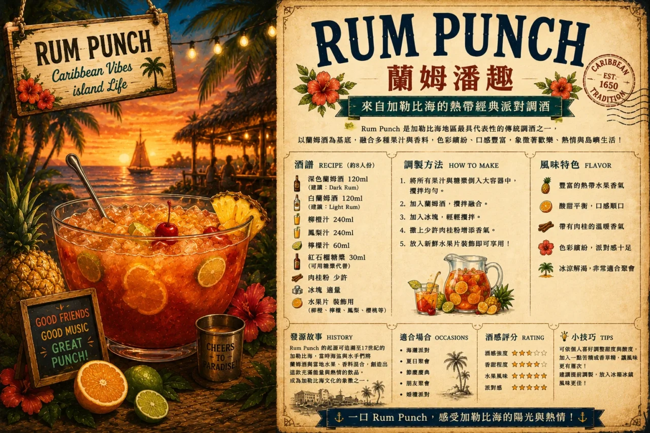 Rum Punch蘭姆潘趣調酒插畫,以白蘭姆、黑蘭姆與多種熱帶果汁調製的加勒比海經典派對雞尾酒