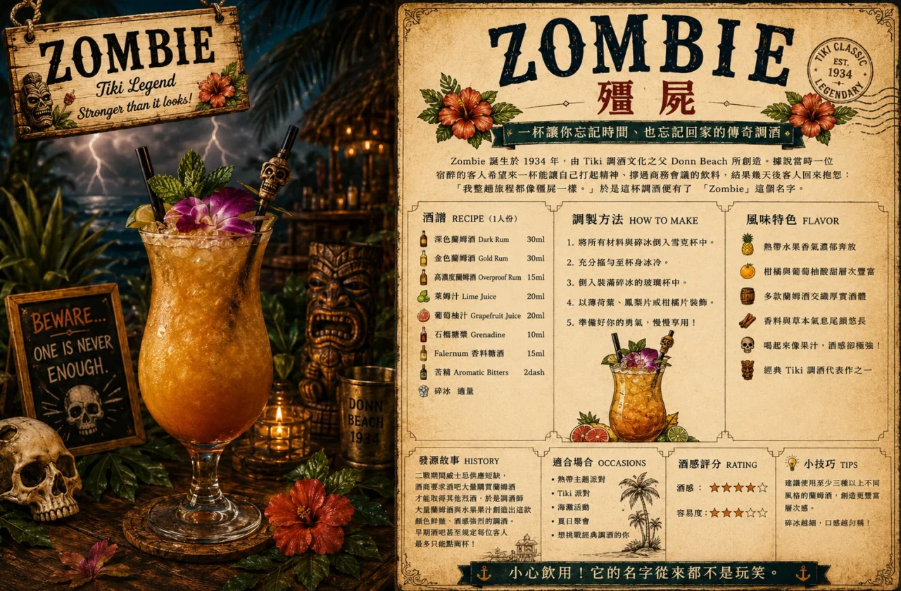 Zombie殭屍調酒,經典Tiki蘭姆酒調酒,結合多種蘭姆酒與熱帶水果風味。