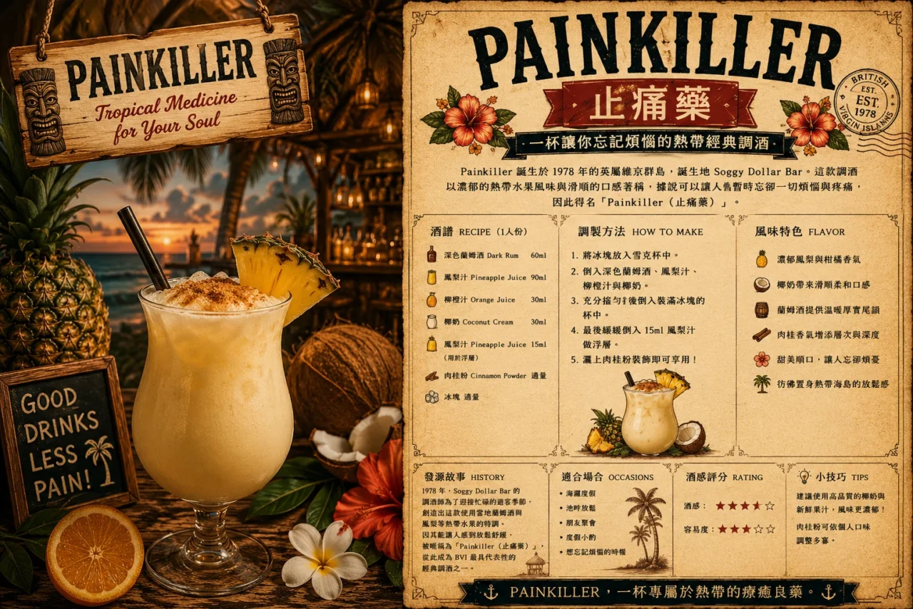 Painkiller止痛藥調酒,以蘭姆酒、鳳梨、椰奶與柳橙調製的加勒比海經典熱帶調酒。