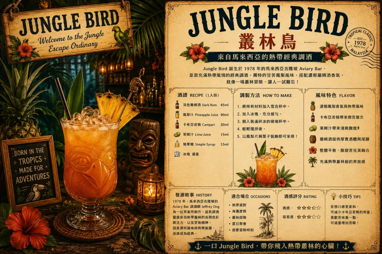 Jungle Bird叢林鳥調酒,以黑蘭姆酒、Campari與鳳梨汁調製的經典熱帶調酒。