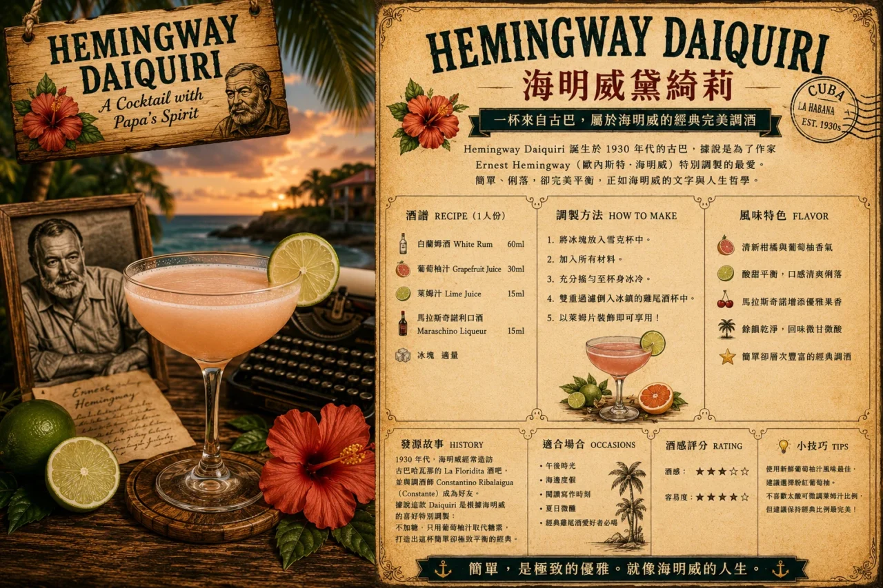 Hemingway Daiquiri海明威黛綺莉,以白蘭姆酒、葡萄柚與馬拉斯奇諾櫻桃酒調製的古巴經典調酒。