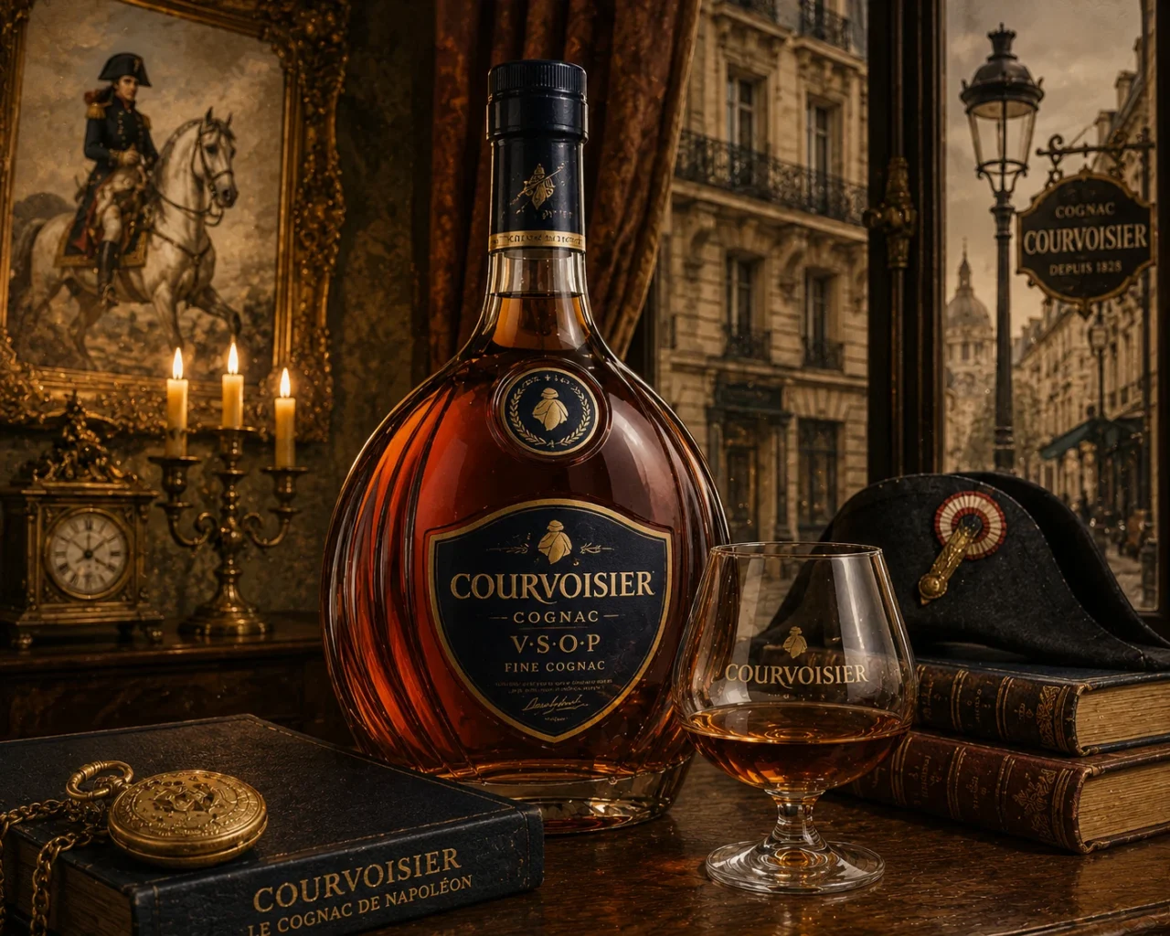 Courvoisier 酒瓶在復古歐洲風格畫面