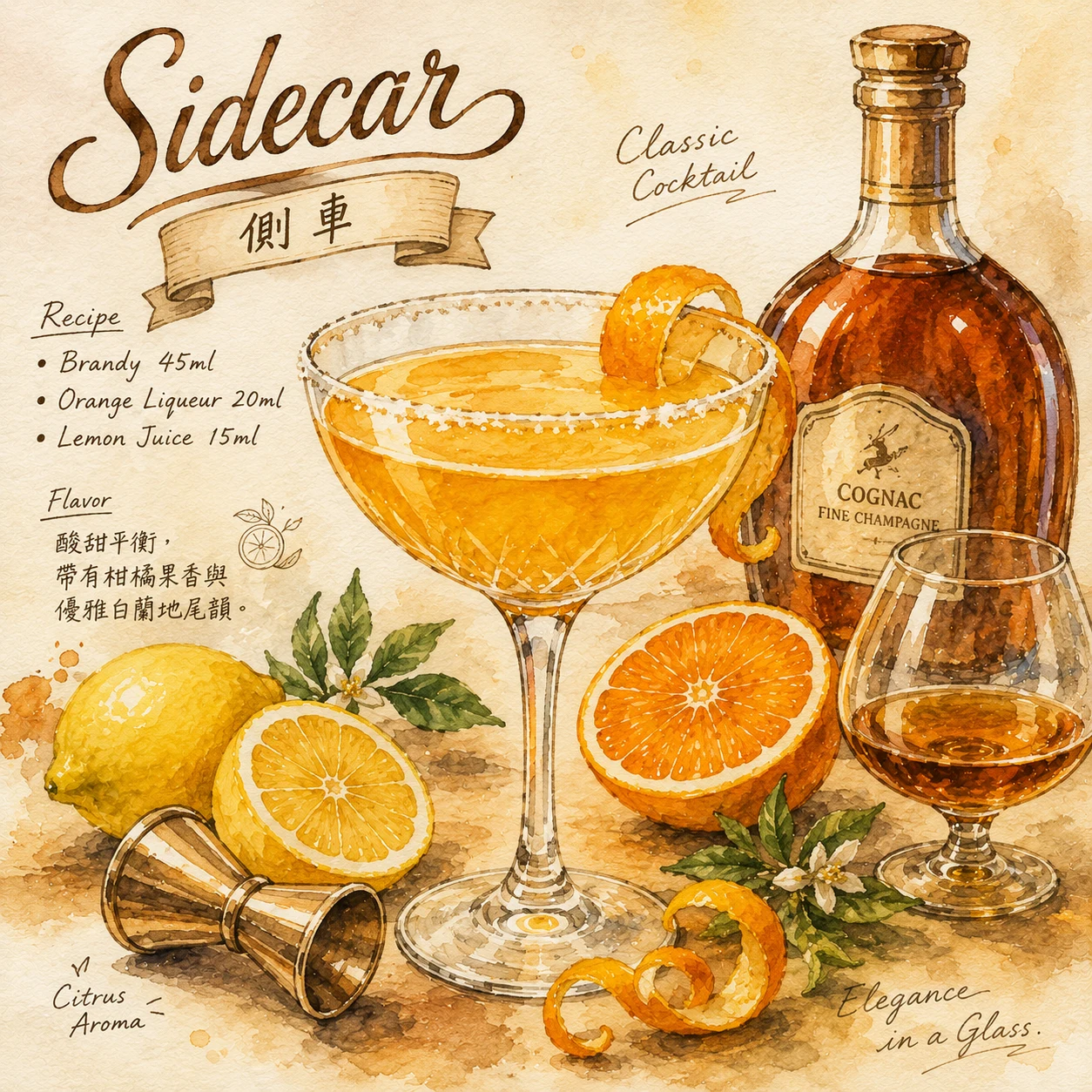 Sidecar以柑橘與白蘭地酒杯的手繪插畫