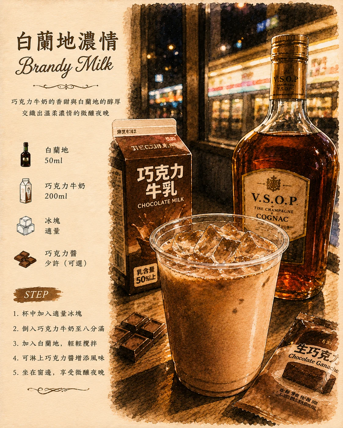 白蘭地濃情 Brandy Milk 巧克力牛奶系調酒+夜晚超商窗邊打燈後微醺氛圍